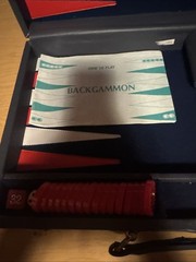 Vintage BACKGAMMON Travel Game Set Navy Blue Faux Leather Folding Case Compact