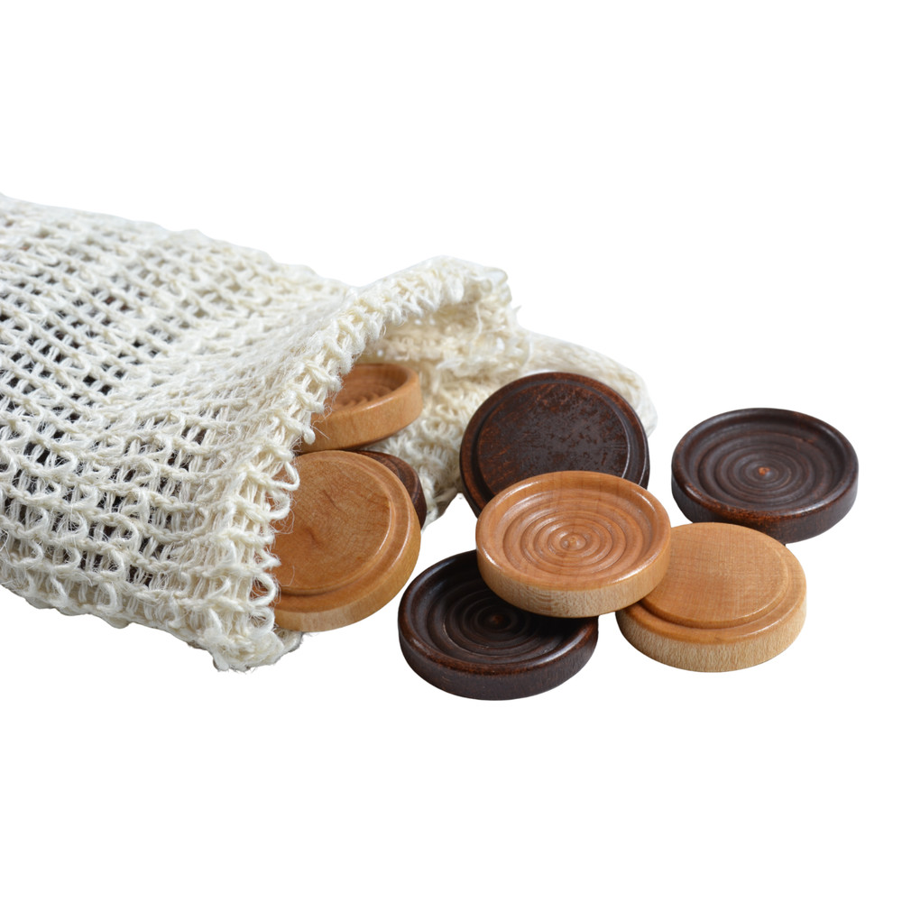 Stackable Wooden Checkers w Plant-Based Sisal Storage Bag Walnut & Maple 26 Pc