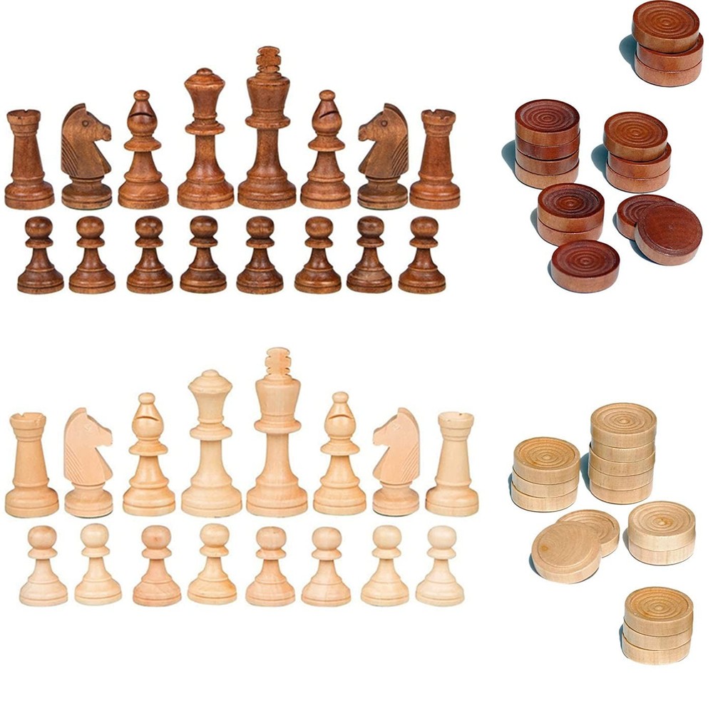 2 in 1 Chess Pieces Wood Chess Pieces + Checker Pieces without Board (3.5 Inches