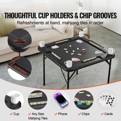 Uimoso Mahjong Table 4Player Folding Card Table & 4 Cup Holders Chip Trays Black