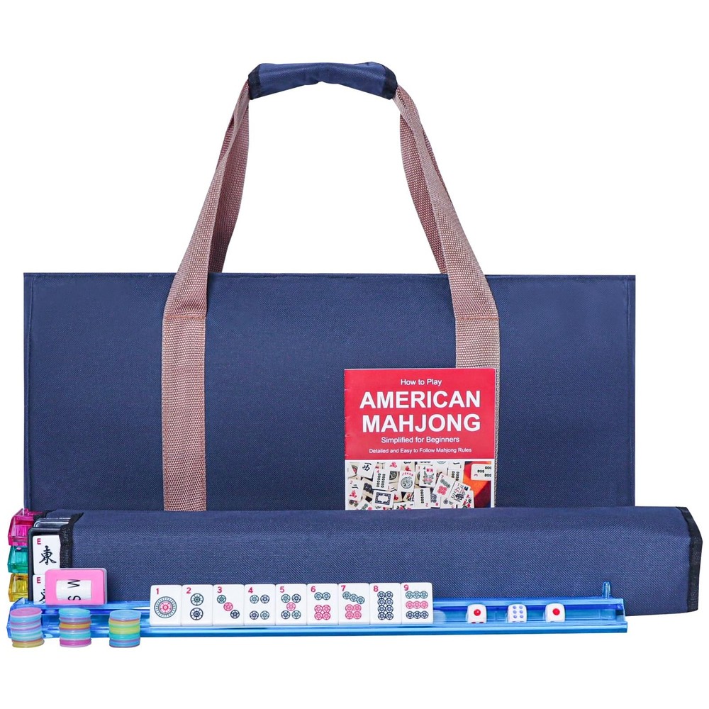 American Mahjong Set: 166 Tiles, 4 Color Rack/Pushers, Blue Carry Bag