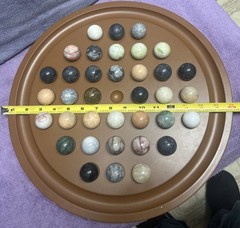 Vtg Semiprecious Stone Marble Solitaire Game 36 1” Stone Marbles 16” Board