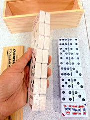 Domino Set of 28 Double Six Dominoes Wood Box Center Pins Easy Flip, FREE SHIP!