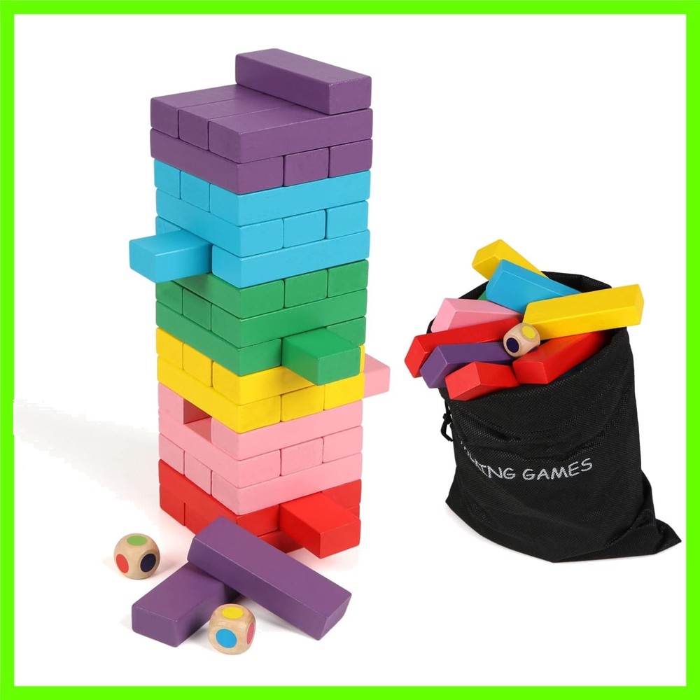48PCS Colorful Wooden Stacking Blocks Game – Educational Fun for Kids & Families