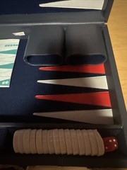 Vintage BACKGAMMON Travel Game Set Navy Blue Faux Leather Folding Case Compact