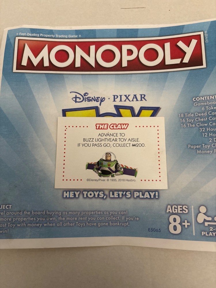 2018 Monopoly Toy Story Advance Buzz Lightyear Toy Aisle Chance Claw Card Game
