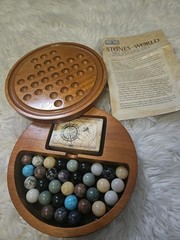 Vintage Arolly Wooden Handmade Marble Solitaire Game Set w/33 Stone Marbles