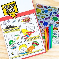 Comic Book Kit Kids 15 Page Hardcover Drawing Guide Stickers Markers Make How-to