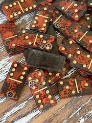 Old World Steampunk Resin Dominoes Game with Velvet Bag 28 pieces Handmade Gift