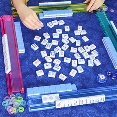 American Mahjong Game Set, 166 Blue Tiles , 4 All-In-One Color Rack/Pushers