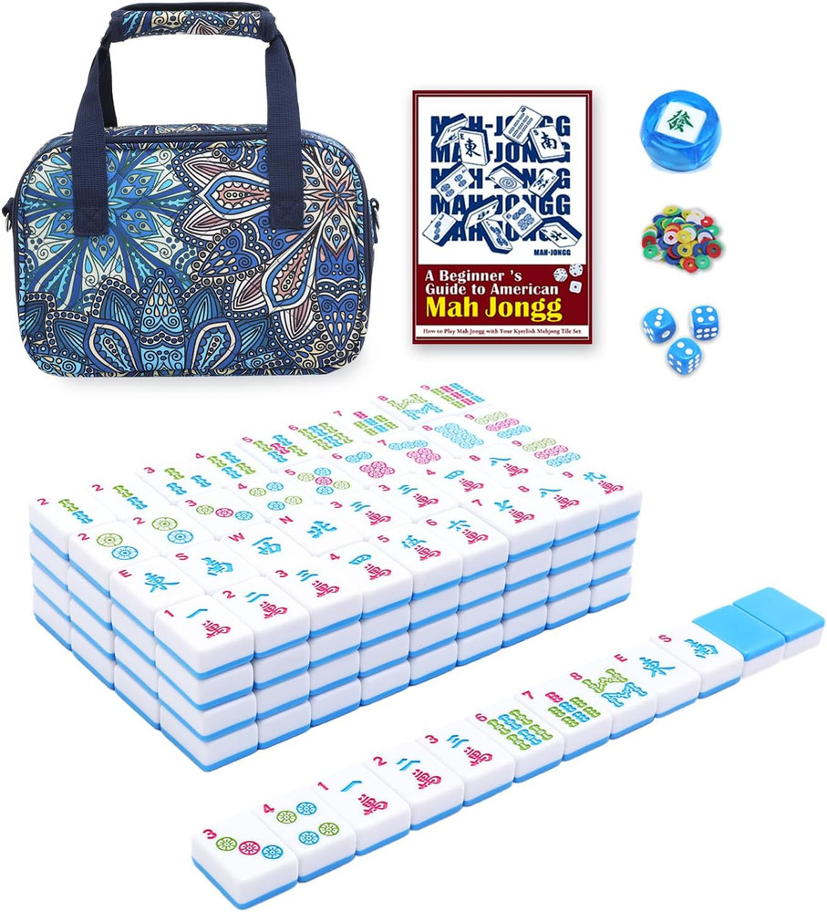 American Mahjong Tile Set with Printed Handbag, 166 Premium Blue Tile and Access