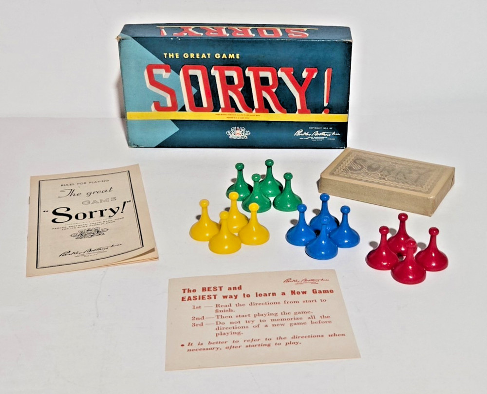 Vtge 1954 Parker Bros. Sorry Game -Rules, Pieces, Cards still wrapped! No Board