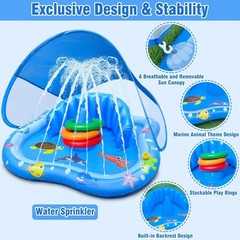 Inflatable Baby Pool Float with Canopy Backrest & Stackable Rings Water iGeeKid