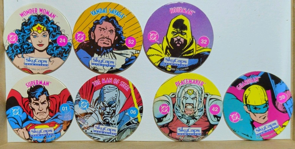 Vintage 1993 Skybox Skycaps 7 POGS Superman, Wonder Woman, Peacemaker, More