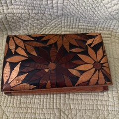 Vtg Wooden Mini Domino Set Complete 28 Pieces Floral Marquetry Inlay Box Game