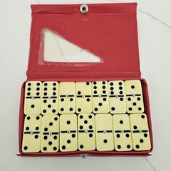 Double Six Dominoes Set Red Faux Leather Case Travel Compact Game