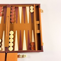 Vintage Travel Size Backgammon Set Faux Leather Compact Design With Dice & Cups