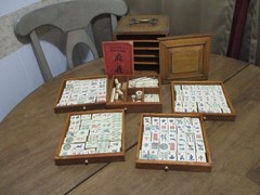 Antique Mahjong 5 Drawer Wood Box Set Bamboo Bone Mah-Jongg