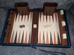 Vintage Travel Backgammon Game Zippered Case Dice Cups Complete! Blue Case!