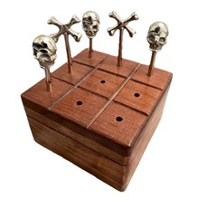 Tic Tac Toe Board Game Wood Box Polished Chrome Metal Skull & Crossbones (RARE)