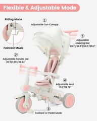 Toddler Tricycle 7-in-1 18 Months 5 Years Pink Baby Bike JMMD
