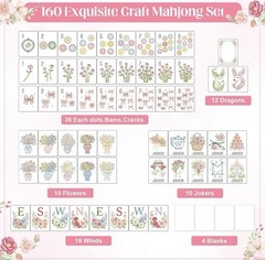 160 Exquisite Craft Mahjong Set Floral 160 Tiles w/ Mirror Jokers Winds