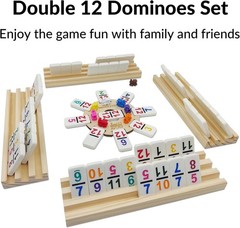 Mexican Train Dominoes Set with Wooden Racks & Hub – 91 Tiles, Double 12