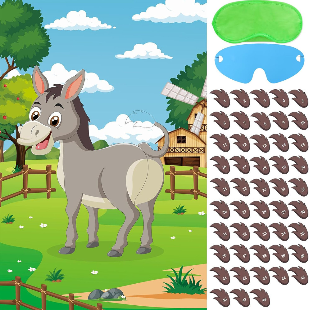 Pin The Tail On The Donkey Party Game with 48 Pcs Tails Large Farm Donkey Games