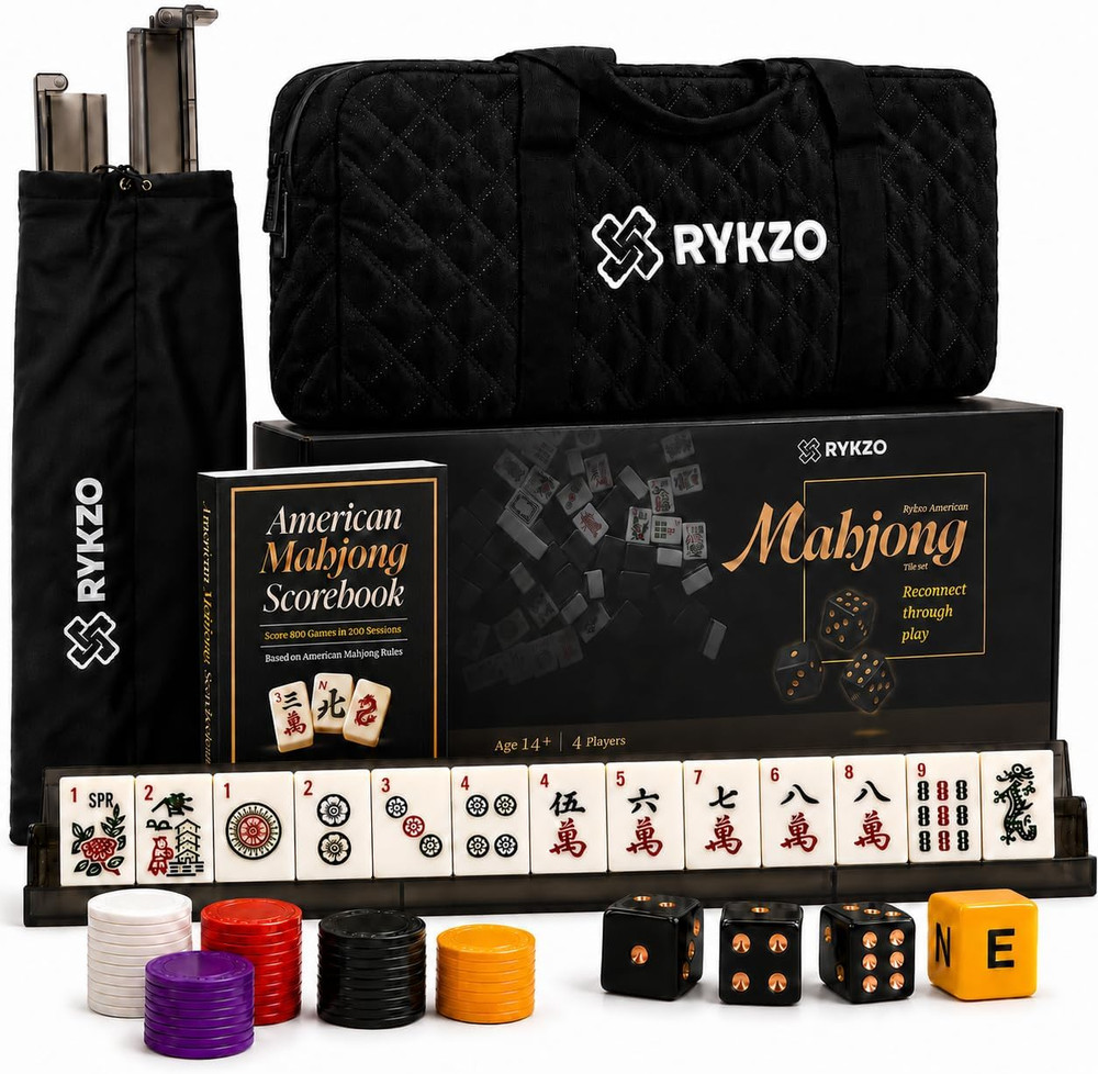 American Mahjong Set with 166 Engraved Tiles, Racks with Integrated Pushers, Til