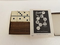 Vintage Pleasantime Dominoes Set Double Six Opalene Walnut Cribbage Counter Box