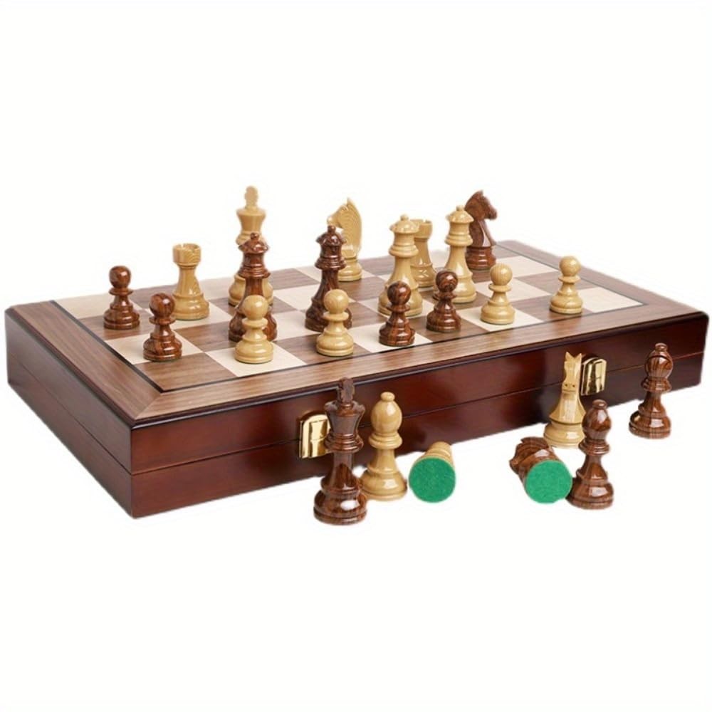 20″ Extra Large Folding Chess Set – Walnut Wood Board & Weighted PVC Pieces –