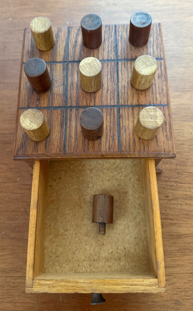 Vintage Tic Tac Toe Board, Wood Pegs, Drawer, 5.5 x 5.5 Inches