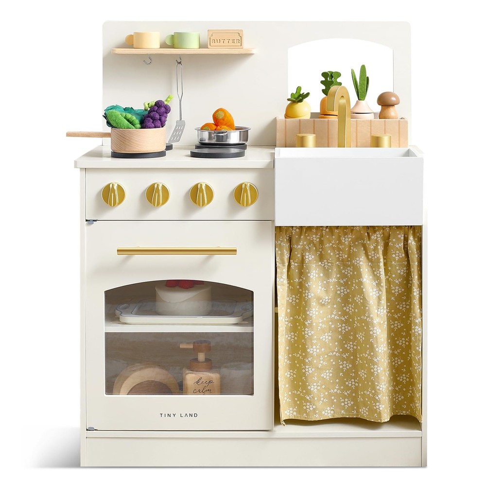 Wooden Play Kitchen Toddlers Compact Cream Pretend Set TLTGPK003WT Tiny Land