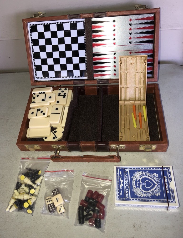 10.5” X 5.5” MULTI BOARD GAME TRAVEL CARRY CASE CHECKERS CHESS DOMINOES CARDS++