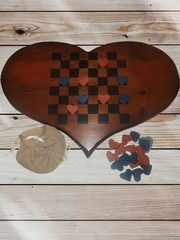 Vintage Handmade Heart Shaped Wood Checkerboard Game Folk Art Wall Hanging