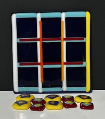 Blue Multi-Color Handmade Fused Glass Tic-Tac-Toe Signed Game – Complete