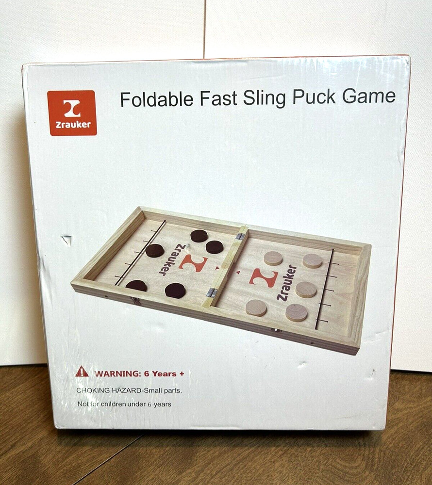 Foldable Wooden Fast Sling Puck & Chess Game. New game with light damage to box