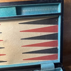 VTG Backgammon Board Game Set Faux Leather Brown Tan/black-red Stripes 18X12”