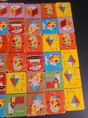 Vintage Jumbo Picture Dominoes Game Toy Pieces in Cardboard Canister (MISSING 1)