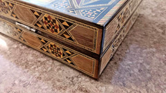 Wood Backgammon Game Box Vintage Inlaid Wood Middle Eastern Mosaic 16x8x3 inches