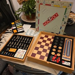 Vintage Monopoly Clue +6 Classic Games Wood Cabinet Used 2004 Chess checker etc