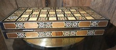 Vintage Mosaic Inlay Chess Backgammon Set Handcrafted Wood Marquetry Game Box