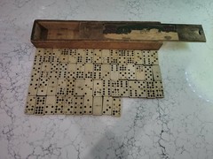Antique Set of 55 Double Nine Dominoes – Slide-top Wood Case Complete