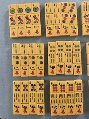 Vintage Mahjong Set Butterscotch Bakelite Tiles & 4 Multicolor Racks