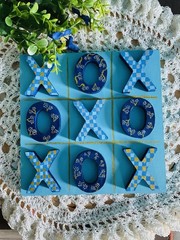 Customized Tic Tac Toe Game Board Blue Floral Design Wooden
