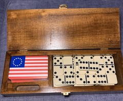 Vintage Game set of 28 Dominoes, Cribbage and Playing Cards In Walnut Case