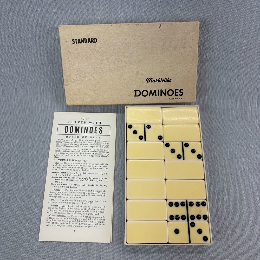 Vintage Marblelike Standard Double Six Dominoes Set 28 Tiles Rule Book USA W/Box