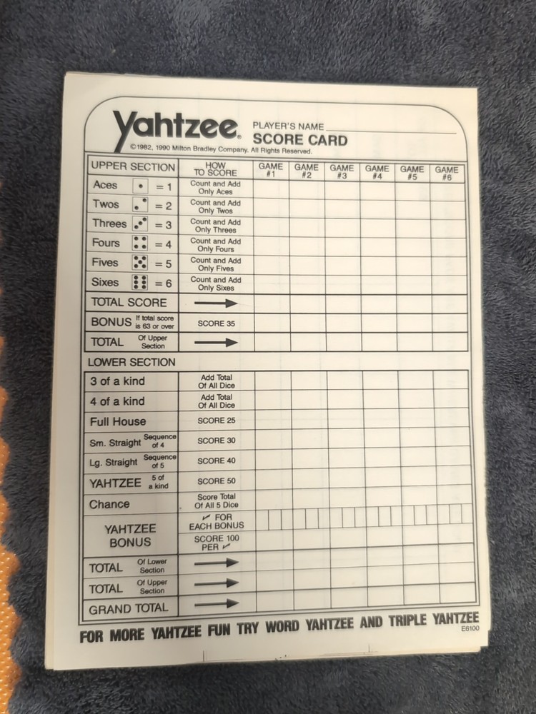 Vintage 1990s Yahtzee Game Replacement Score Cards Authentic Original