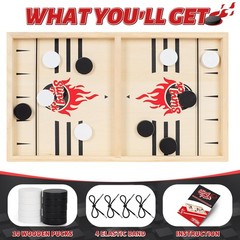 Large Fast Classic Slingshot Puck Game – Wooden Hockey Board for Family Fun, 2 P