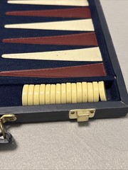 Vintage BACKGAMMON Travel Game Set Navy Blue Faux Leather Folding Case Compact